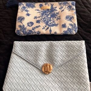 Ipsy floral  Blue and Cream Pouch with Woven Gray Clutch